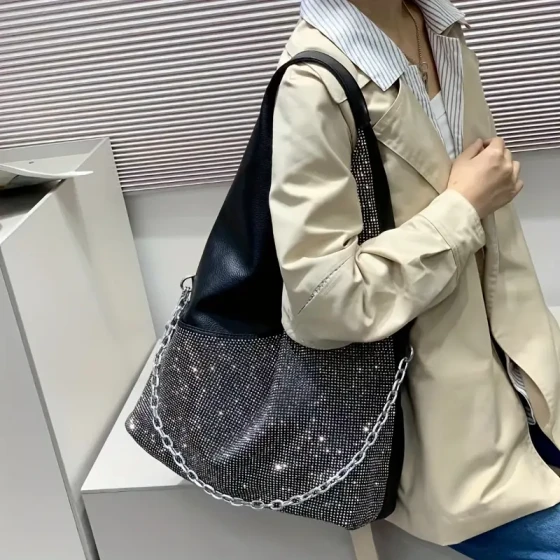 Elegant rhinestone tote bag for women - large capacity crossbody handbag with chain design, comfortable handle, daily casual essential shoulder bag