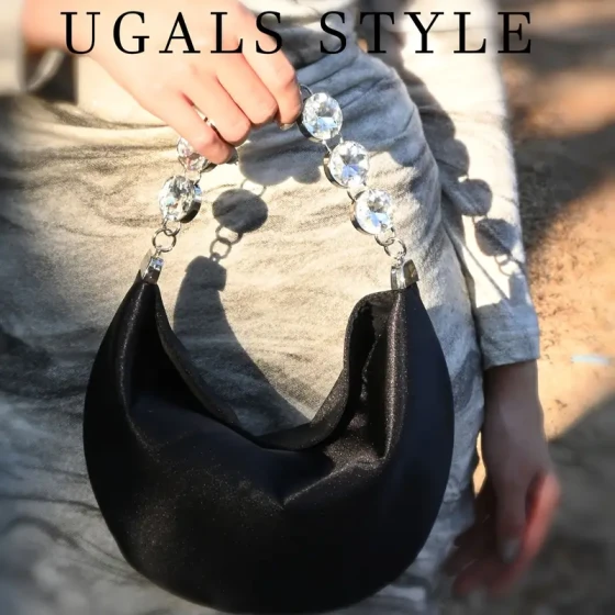 Luxurious rhinestone embellished women's chain shoulder strap crescent handbag - elegant white fabric exposed top dinner handbag