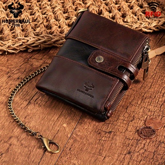 HUMERPAUL Men's Genuine Leather RFID Shielded Double Fold Wallet with Chain