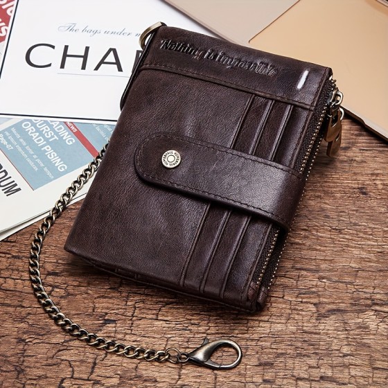 Men's leather wallet, large capacity zipper wallet, RFID blocking card bag, with chain wallet