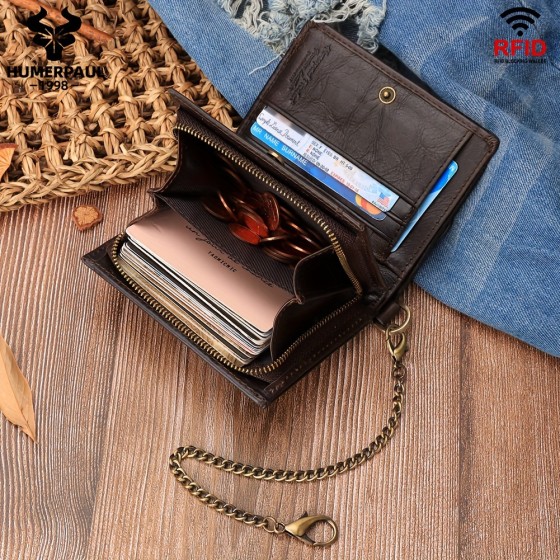HUMERPAUL Men's Wallet with Chain Leather Double Fold Wallet