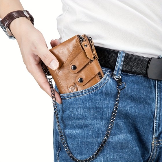 Men's leather wallet RFID wallet with multiple card slots, retro leather three fold personalized zipper, multifunctional wallet