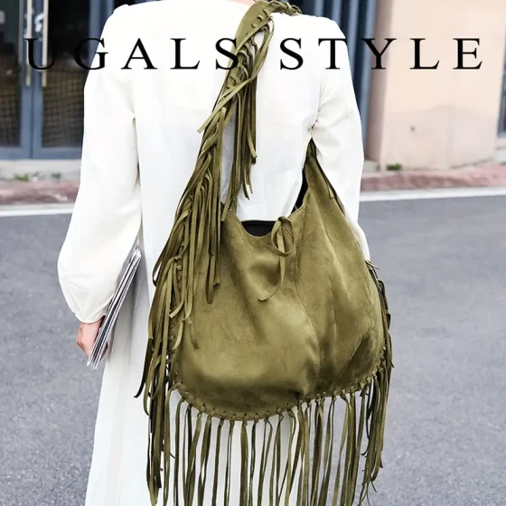 Vintage tassel handbag, large capacity casual single shoulder sloping backpack, solid color with lining, no closure design