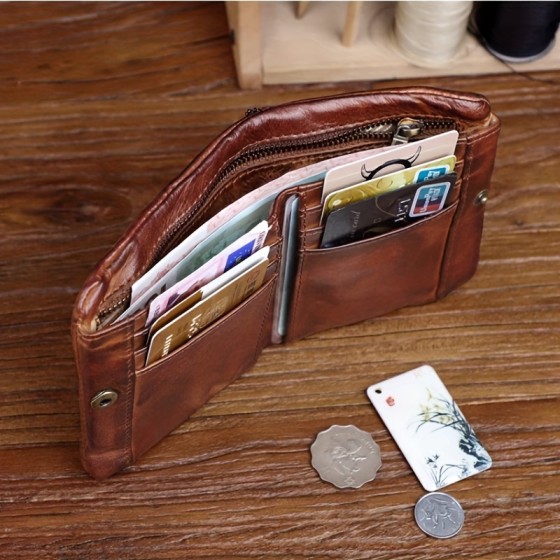 Vintage handmade genuine leather men's wallet - large capacity, multiple card slots