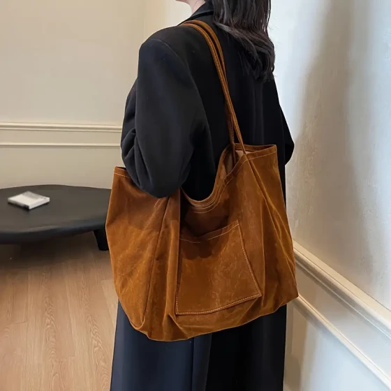 Women's suede imitation large capacity tote bag, Milad color lightweight shoulder bag, daily commuting handbag, large tote bag