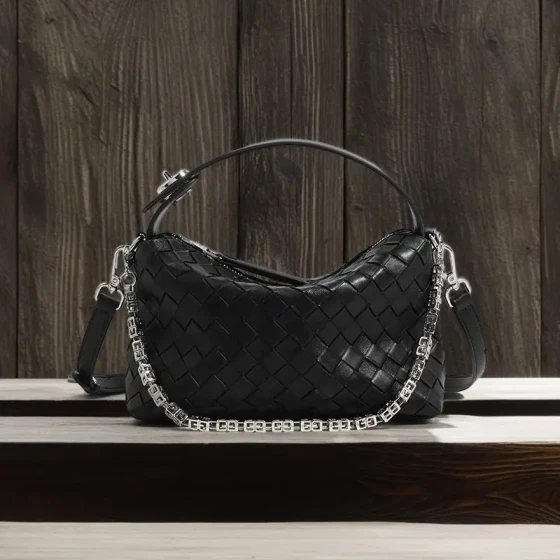 Ladies' black woven crossbody bag with detachable chain shoulder strap and checkered design