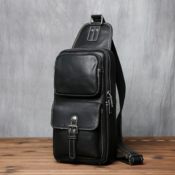 Retro men's genuine leather chest bag - large capacity, handmade top layer cowhide messenger shoulder bag with adjustable shoulder straps, stylish design