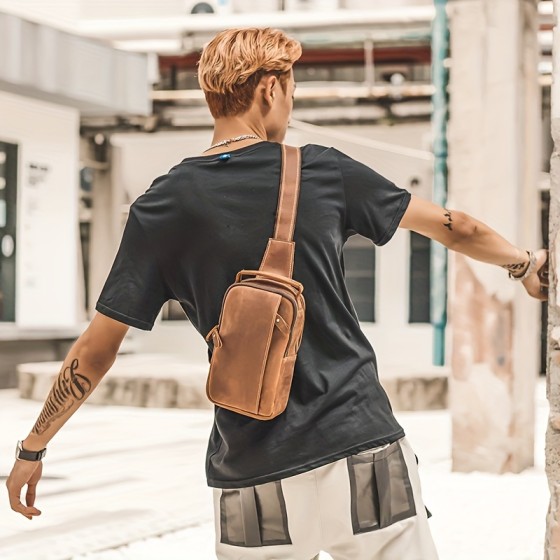 Men's vintage leather chest bag - large capacity, scratch resistant, brown premium cowhide