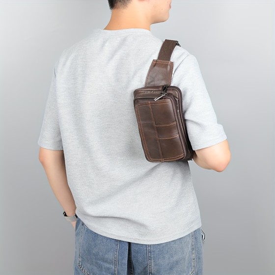 Men's genuine cowhide waist bag - multifunctional waist bag with multiple pockets and sturdy zipper