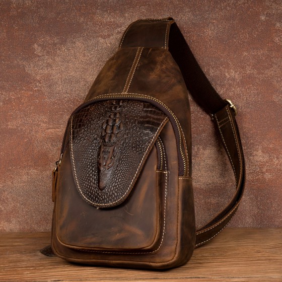 Retro Crazy Horse Leather Strap Bag for Outsourced Travel, Hiking, Camping, Chest Bag