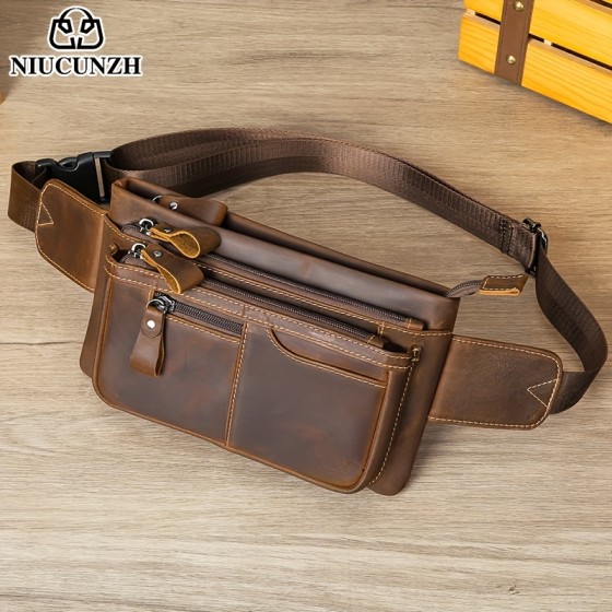 Crazy Horse Leather New Waist Bag for Men, Retro Leather Chest Bag, Multi functional Backpack
