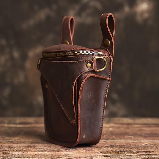 Retro casual style, brown cowhide waist bag, large phone bag with adjustable shoulder strap and zipper closure
