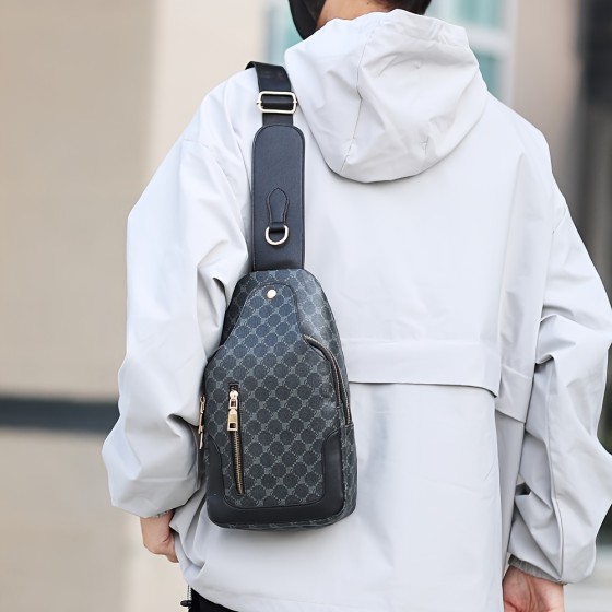 Men's Fashion PU Leather Strap Bag - Large Capacity, Casual Geometric Pattern Chest Bag