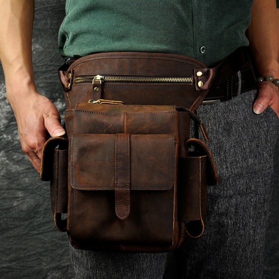 Crazy horse leather men's waist bag, casual retro classic waist bag, thigh and leg bag