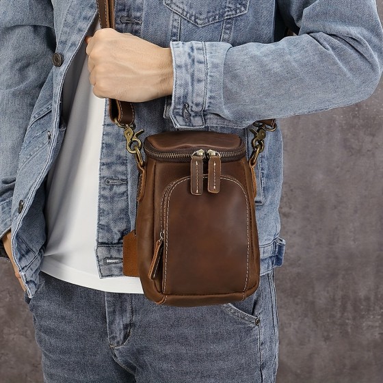 Full grain leather men's waist bag, casual style, with phone cover layer, outdoor work storage hanging bag, suitable for going out