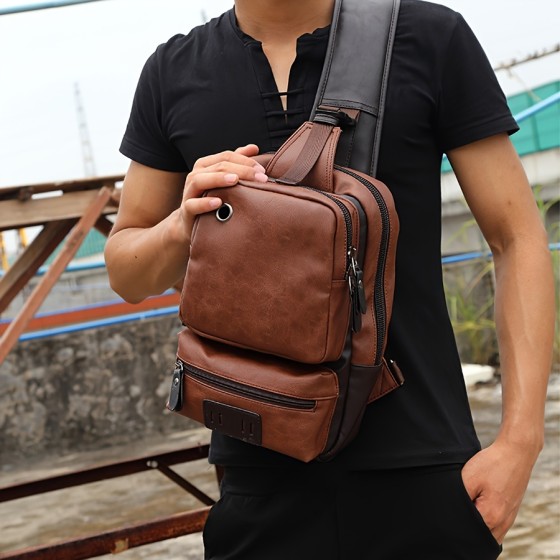 Men's color blocked bag, chest crossbody bag, PU leather casual street bag