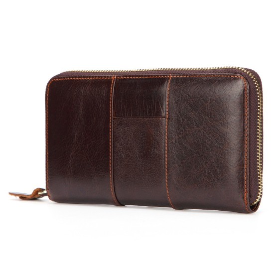 Men's vintage leather wallet - long and slim design with zipper closure, oil wax cowhide