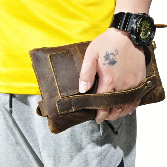 Men's brown sport style crossbody waist bag, detachable shoulder strap, zipper daily commuting waist bag