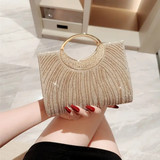 Elegant golden rhinestone clutch, suitable for parties, weddings, and formal events