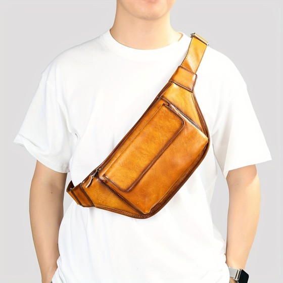 Men's genuine leather chest bag, brushed retro shoulder bag, fashionable and versatile top-level cowhide crossbody bag waist bag