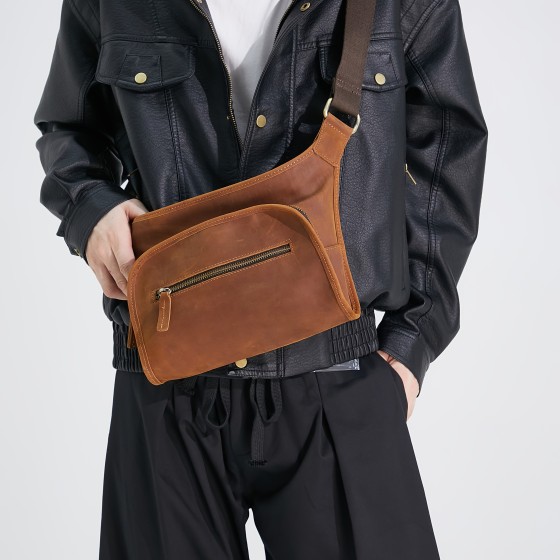 Retro men's crazy horse leather chest bag, fashion men's top layer leather waist bag, leisure multi-purpose sling bag