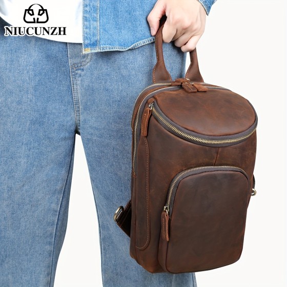 Men's crazy horse leather single shoulder bag, multi-functional genuine leather chest bag, large capacity handbag shoulder bag