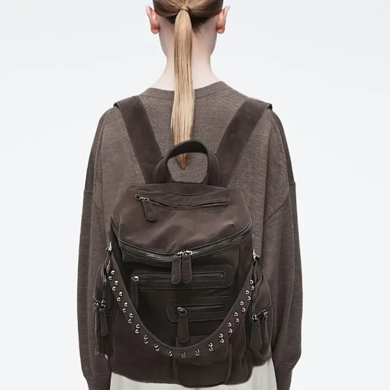 Retro Plush Matte Spicy Women's Motorcycle Shoulder Bag - Soft synthetic leather, detachable shoulder strap, rivet embellishment, and multi pocket design