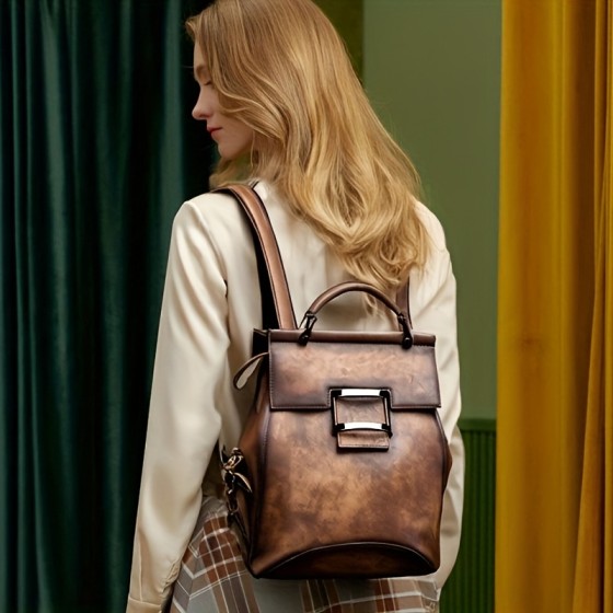 Head layer cowhide backpack for women, handcrafted and color washed crossbody, fashionable and multifunctional backpack