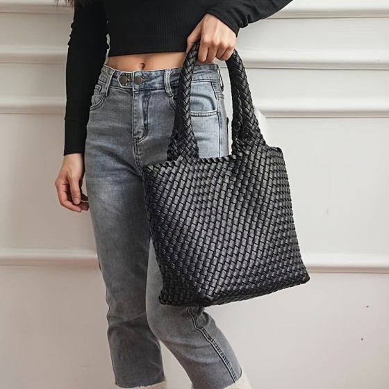 New women's woven women's bag, classic tote bag, fashionable handbag, elegant and generous shoulder bag, large capacity storage bag, leisure vacation travel bag