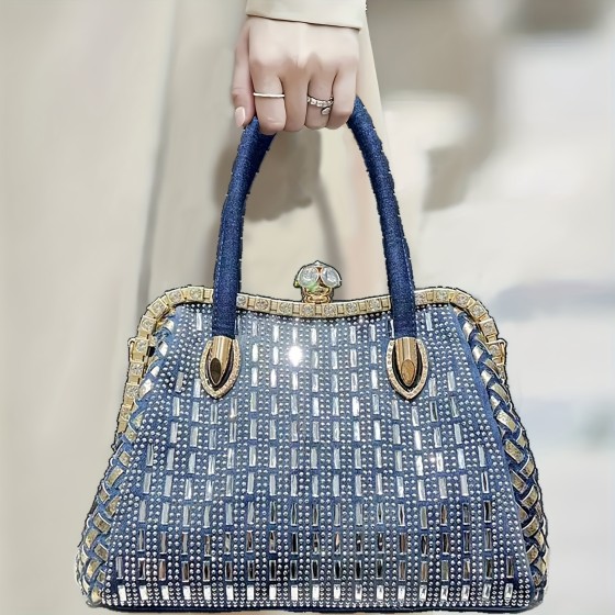 Elegant blue woven diagonal backpack with floral diamonds, gold hardware, and detachable shoulder straps - stylish single shoulder handbag