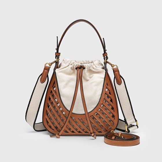 New brown retro woven hollow bag, single shoulder hand-held bucket bag, multifunctional crossbody bag