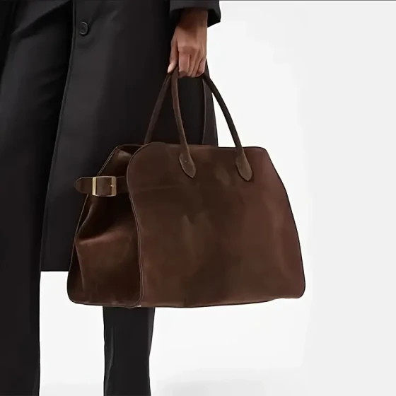 Retro style women's handbag - dark brown with gold hardware, spacious commuting handbag