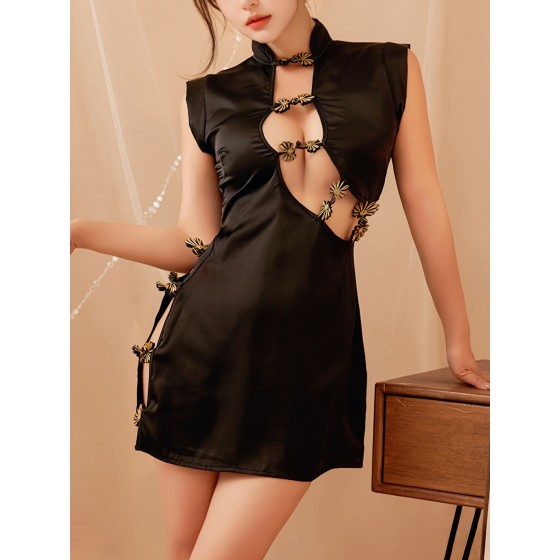 Naughty retro button side slit lace up slim fit short sleeved cheongsam pajama set