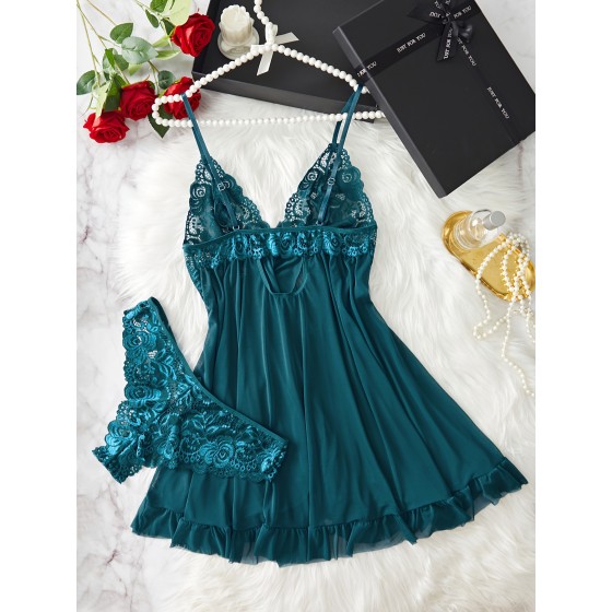 Contrast Lace Ruffle Trim Lingerie Set, Deep V Slip Dress & Thong, Women's Sexy Lingerie & Underwear