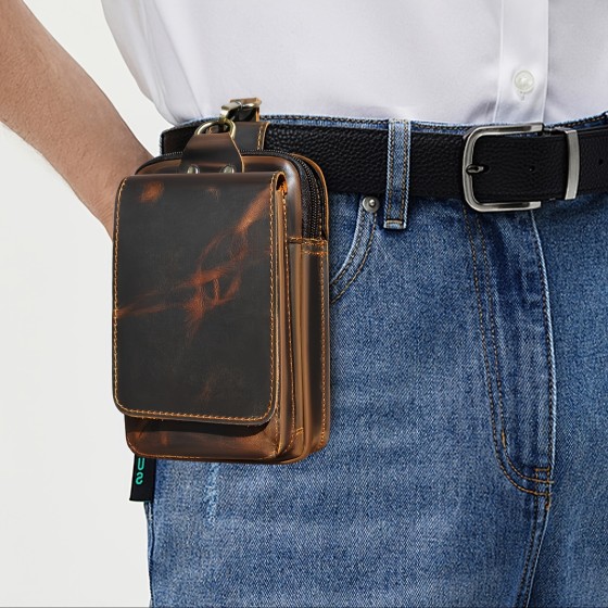 Men's leather top layer cowhide mobile phone waist bag, casual style
