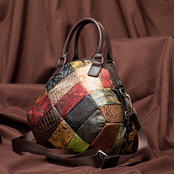 New ethnic and national style women's contrasting color splicing handbag, leather personalized tote, fashionable women's handbag