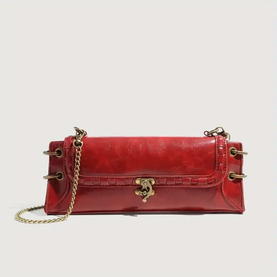 Ladies' shoulder bag PU leather buckle bag - antique copper and gold crossbody bag, chain design, light luxury and fashion