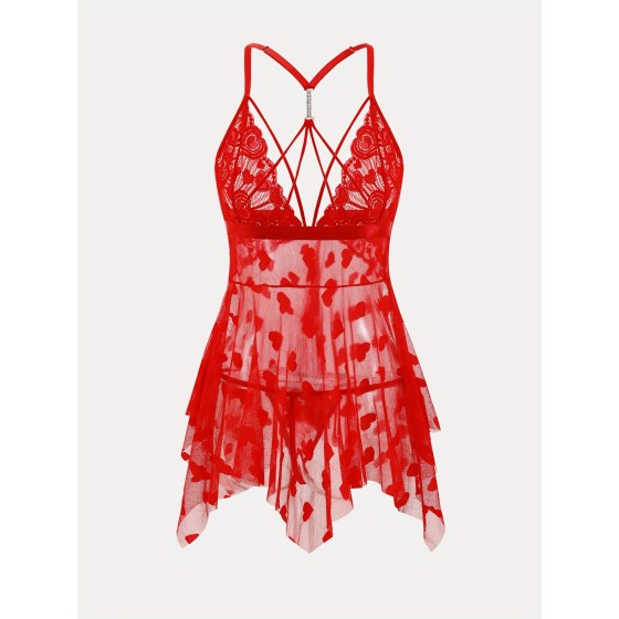 Plus Size Women'S Sexy Lace Heart Mesh Nightgown - Black, Strapless, High Stretch Fabric, Romantic Lace Detail, Adult Sleepwear, Romantic Nightwear | Lace Trim Top | Mesh Fabric