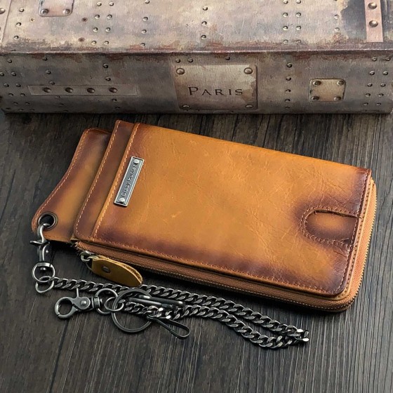 Men's long motorcycle truck handbag, vintage leather wallet with chain
