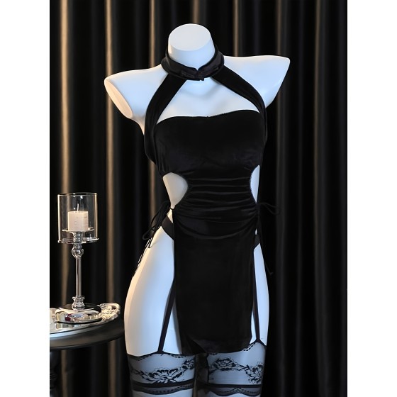 High slit, tie free sexy nightgown, cheongsam uniform, jumpsuit velvet nightgown
