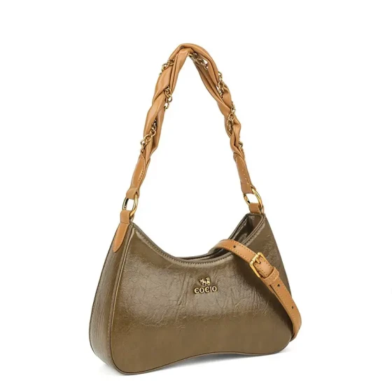 Vintage brown leather women's shoulder bag with woven chain shoulder strap design, fully showcasing unique style