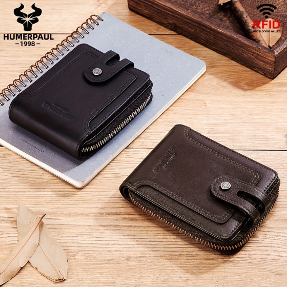 Men's fashionable large capacity retro anti-theft top layer cowhide multi card wallet with zipper