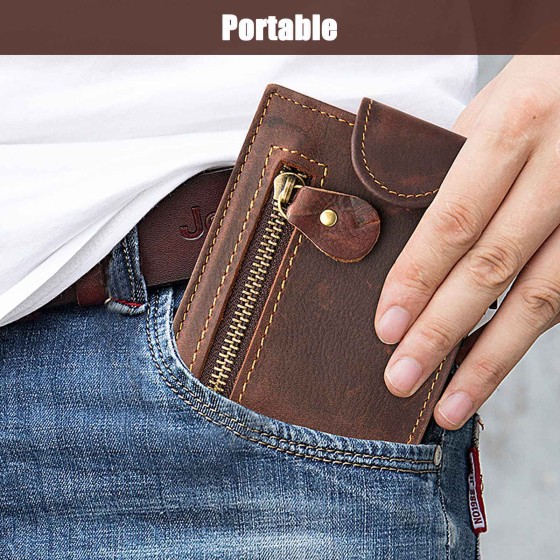 Men's leather double fold wallet with zipper pocket, simple double-layer cowhide