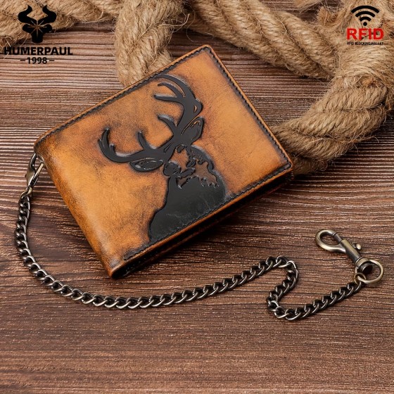 Classic chain decoration top cowhide men's wallet, motorcycle money bag