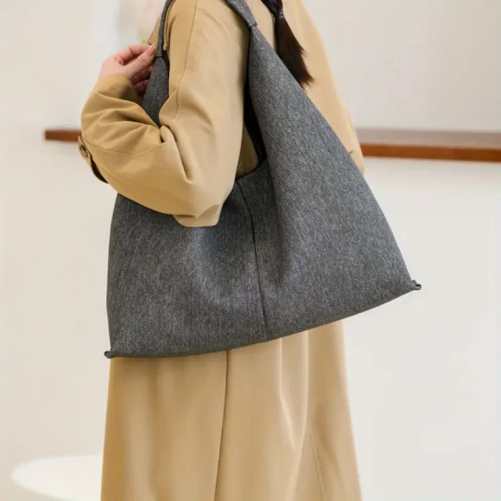 Ladies' solid color fabric handbag with magnetic buckle and polyester lining - casual style single shoulder handbag