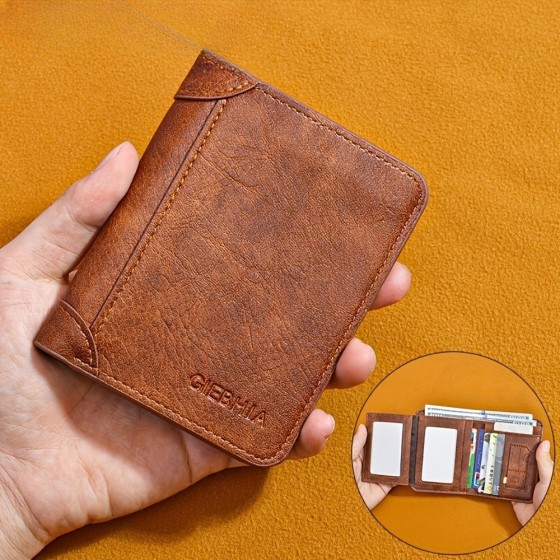 Retro style men's three fold wallet, casual genuine leather imitation leather card clip