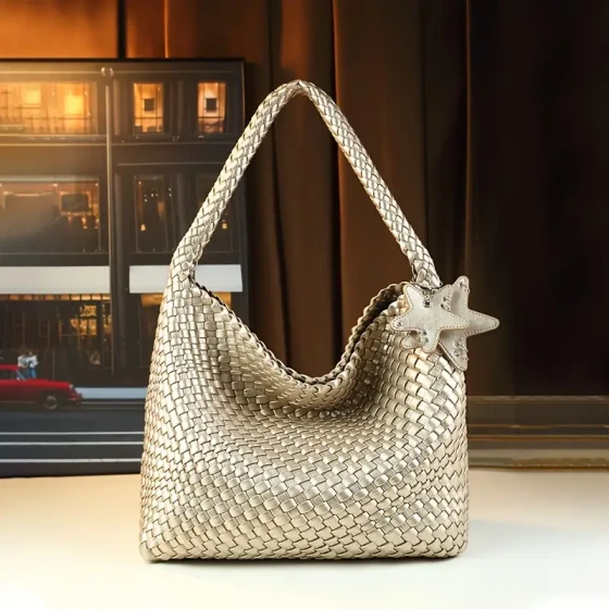 Large capacity champagne colored PU handbag with star embellishment - hand woven, casual style