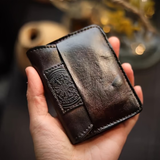 Vintage style leather double fold wallet - handmade, top-grade full grain cowhide, embossed design