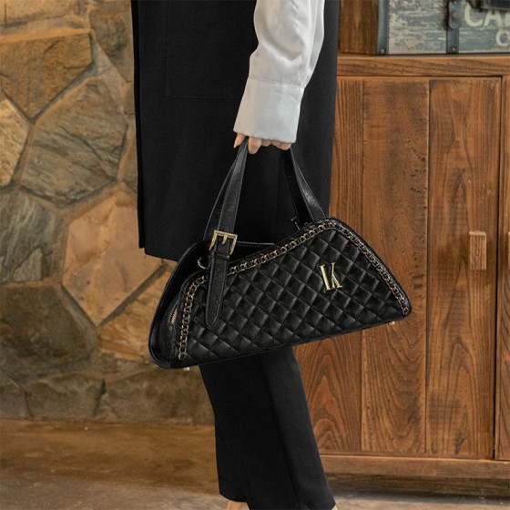 Luxurious Quilted Diagonal Backpack with Gold Hardware and Chain Shoulder Straps - Black or Dark Brown Ladies' Elegant Diamond Pattern Shoulder Bag