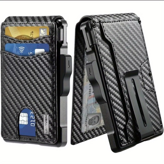 Ultra thin pop-up double fold wallet - RFID anti-theft, carbon fiber texture PU shell